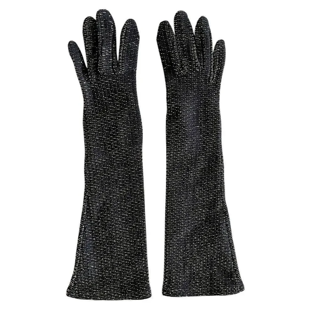 Vintage Sparkling Silver Black Long Forearm Gloves - Size S
